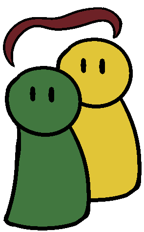 A yellow and a green figure with a red bracket above them.